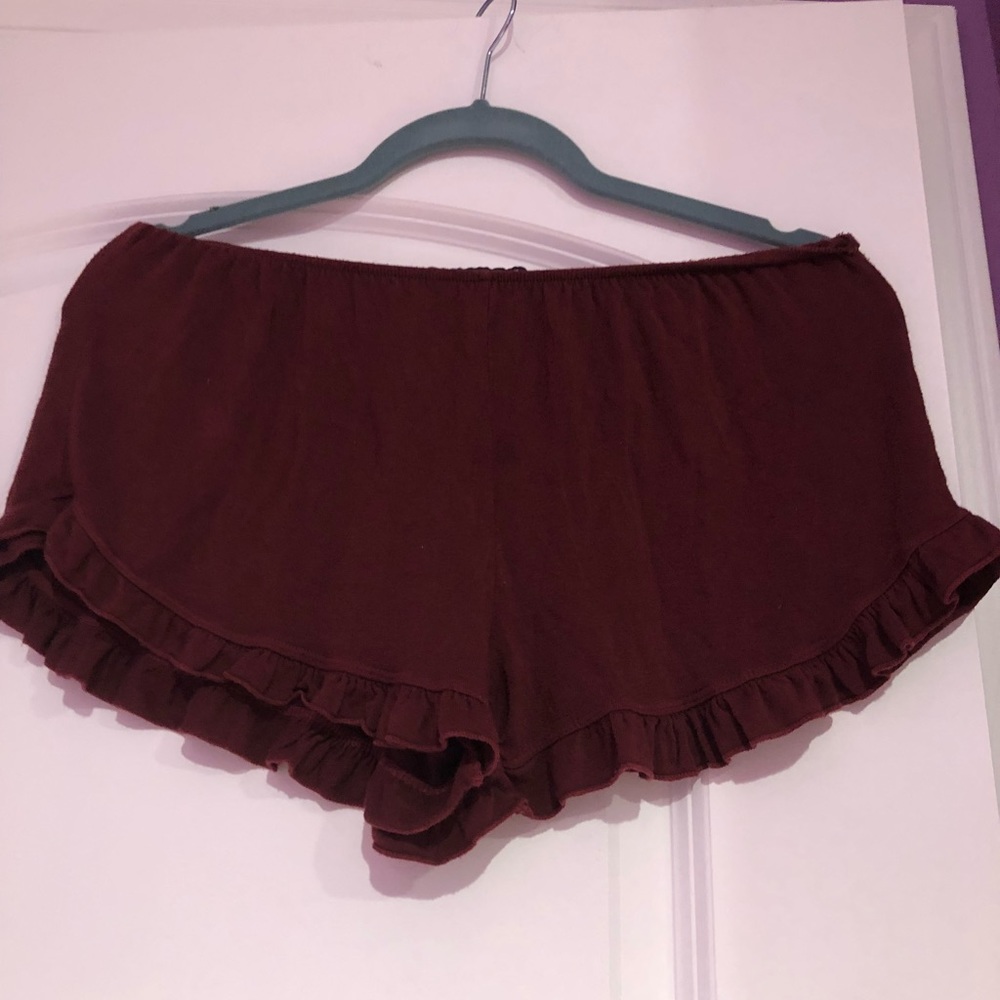 BRANDY MELIVILLE BURGUNDY RUFFLE SHORTS